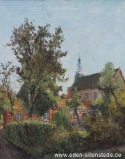 Accum, Kirche, um 1962, 52,5x66 cm, Öl auf Leinwand, Besitz Landkreis Friesland (WV-Nr. 606)