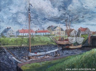 Carolinensiel, Friedrichsschleuse, 1969, 70,5x52,5 cm, Öl auf Leinwand, Privatbesitz (WV-Nr. 688)