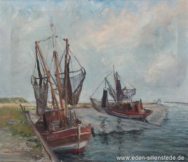 Harlesiel, Fischkutter, 1950er, 70x60 cm, Öl auf Leinwand, Besitz Schlossmuseum Jever (WV-Nr. 715)