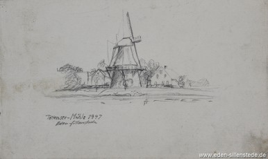 Tettens, Mühle, 1947, 16x10 cm, Bleistiftzeichnung, Nachlass Arthur Eden (WV-Nr. 247)