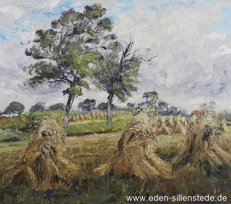 Heidmühle, Umland, Getreidehocken, um 1960, 68,5x60 cm, Öl auf Leinwand, Besitz Schlossmuseum Jever (WV-Nr. 789)