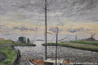 Horumersiel, Hafen bei Hochwasser, um 1961, 60x40 cm, Öl auf Leinwand, Besitz Schlossmuseum Jever (WV-Nr. 778)
