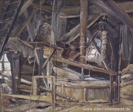 Accum, Mühle, Im Inneren der Mühle, 1950er, 52,8x44,1 cm, Öl auf Leinwand, Besitz Landkreis Friesland (WV-Nr. 579)