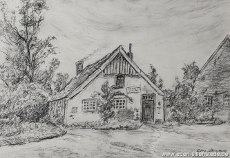 Alter Krug, Gasthof, 1960-70er, 29x21cm, Kohlezeichnung, Privatbesitz (WV-Nr. 1096)