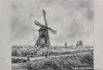 Aurich, Mühle Riepsterhammrich, 1950er, 23,5x20,5 cm, Kohlezeichnung, Nachlass Arthur Eden (WV-Nr. 299)
