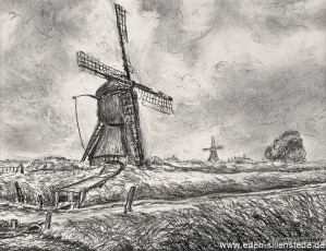 Aurich, Mühle Riepsterhammrich, 1950er, 23,5x20,5 cm, Kohlezeichnung, Privatbesitz (WV-Nr. 1439)