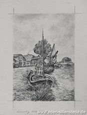 Carolinensiel, An der Friedrichsschleuse, 1956, 21x29,5 cm, Kohlezeichnung, Nachlass Arthur Eden (WV-Nr. 216)