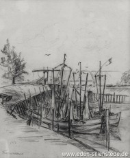 Carolinensiel, An der Friedrichsschleuse, 1956, 25,5x31,5 cm, Kohlezeichnung, Privatbesitz (WV-Nr. 849)