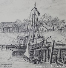 Carolinensiel, An der Friedrichsschleuse bei Ebbe, 1934, 22x23 cm, Kohlezeichnung, Privatbesitz (WV-Nr. 1097)