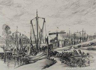 Carolinensiel, Friedrichsschleuse 1956, 1950-60er, 38x28 cm, Kohlezeichnung, Privatbesitz (WV-Nr. 486)