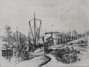 Carolinensiel, Friedrichsschleuse 1956, 1950-60er, 39,5x29,5 cm, Kohlezeichnung, Nachlass Arthur Eden (WV-Nr. 196)