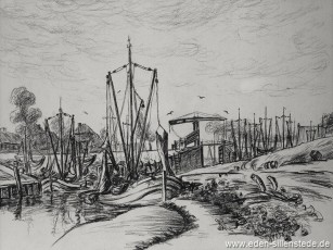 Carolinensiel, Friedrichsschleuse 1956, 1950-60er, 39x29 cm, Kohlezeichnung, Privatbesitz (WV-Nr. 469)