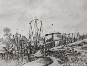 Carolinensiel, Friedrichsschleuse 1956, 1975, 39x29 cm, Kohlezeichnung, Privatbesitz (WV-Nr. 1030)