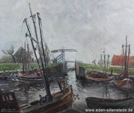 Carolinensiel, Friedrichsschleuse, 1957, 65,5x45,5 cm, Öl auf Leinwand, Besitz Schlossmuseum Jever (WV-Nr. 794)