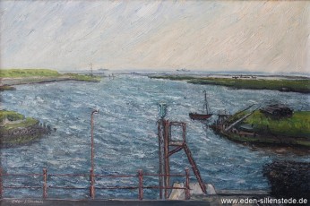 Crildumersiel, Blick vom Sieltor, um 1962, 64x43 cm, Öl auf Leinwand, Privatbesitz (WV-Nr. 690)
