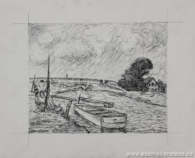 Crildumersiel, Boote am Siel, um 1964, 27x22 cm, Kohlezeichnung, Nachlass Arthur Eden (WV-Nr. 254)