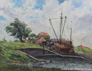 Dornum, Bootswerf Dornumersiel, 1963, 65x50,5 cm, Öl auf Leinwand, Besitz Schlossmuseum Jever (WV-Nr. 791)