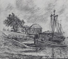 Dornumersiel, Bootswerft, 1963, 23x20 cm, Kohlezeichnung, Privatbesitz (WV-Nr. 31)