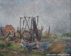 Dornumersiel, Hafen, 1961, 62,5x49 cm, Öl auf Leinwand, Privatbesitz (WV-Nr. 1243)