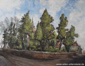 Fedderwarden, Kirche, 1962, 70,4x54,6 cm, Öl auf Leinwand, Nachlass Arthur Eden (WV-Nr. 50)