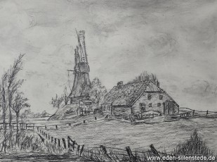 Friedeburg, Mühle, um 1965, 28x21cm, Kohlezeichnung, Privatbesitz (WV-Nr. 1098)