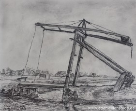 Großefehn, Spetzerfehn, 1958, 25x20 cm, Kohlezeichnung, Privatbesitz (WV-Nr. 543)