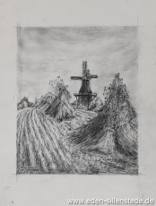 Holtland, Mühle, 1956, 23x28 cm, Kohlezeichnung, Nachlass Arthur Eden (WV-Nr. 215)
