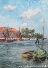 Hooksiel, Alter Hafen, 1960er, 50x70 cm, Öl auf Leinwand, Privatbesitz (WV-Nr. 1204)