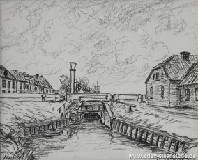 Hooksiel, Alter Hafen, Schleusentor, 1926, 27x22,5 cm, Kohlezeichnung, Besitz Landkreis Friesland (WV-Nr. 627)