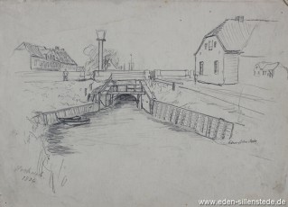 Hooksiel, Alter Hafen, Schleusentor, 1926, 32x22 cm, Bleistiftzeichnung, Nachlass Arthur Eden (WV-Nr. 302)