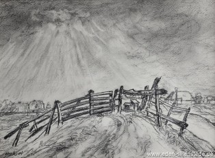 Hooksiel, Am Deich, 1950-60er, 24,5x18 cm, Kohlezeichnung, Privatbesitz (WV-Nr. 1056)
