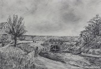 Horumersiel, Alter Hafen, Sieltor, 1961, 29x20 cm, Kohlezeichnung, Privatbesitz (WV-Nr. 29)