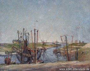 Horumersiel, Hafen, 1957, 80x64 cm, Öl auf Leinwand, Besitz Landkreis Friesland (WV-Nr. 596)