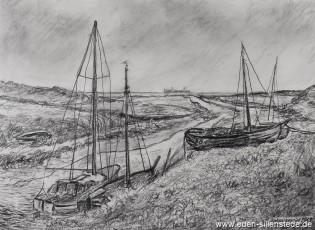 Inhausersiel, Boote am Außentief, 1963, 29,5x22 cm, Kohlezeichnung, Privatbesitz (WV-Nr. 1405)