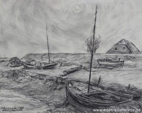 Inhausersiel, Boote beim Siel, 1961, 28x22 cm, Kohlezeichnung, Privatbesitz (WV-Nr. 30)
