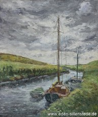 Inhausersiel, Boote beim Siel, 1967, 51x60,5 cm, Öl auf Leinwand, Privatbesitz (WV-Nr. 25)