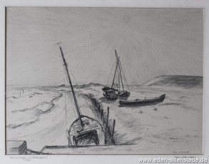 Inhausersiel, Wintermorgen, 1963, 39x29 cm, Kohlezeichnung, Privatbesitz (WV-Nr. 1315)