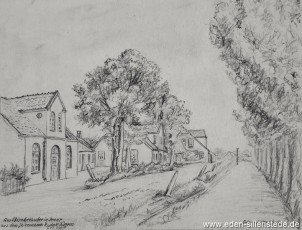 Jever, Stadt, Am Elisabethufer, 1950er, 27x21 cm, Kohlezeichnung, Nachlass Arthur Eden (WV-Nr. 258)