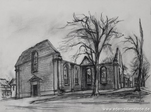 Jever, Stadt, Am Kirchplatz, Alte Stadtkirche, 1960, 40x29,5 cm, Kohlezeichnung, Besitz Schlossmuseum Jever (WV-Nr. 801)
