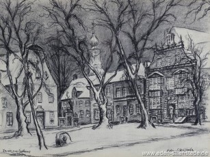 Jever, Stadt, Am Kirchplatz, Blick auf das Rathaus, 1958, 33x25 cm, Kohlezeichnung, Privatbesitz (WV-Nr. 27)