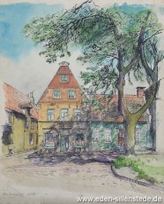 Jever, Stadt, Am Kirchplatz, Haus Schmidt-Minßen, 1951, 28x37 cm, Aquarell, Nachlass Arthur Eden (WV-Nr. 156)