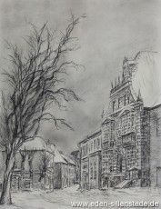 Jever, Stadt, Am Kirchplatz, Rathaus, 1955, 21x27 cm, Kohlezeichnung, Privatbesitz (WV-Nr. 724)