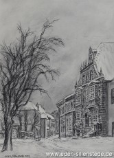 Jever, Stadt, Am Kirchplatz, Rathaus, 1955, 21x29 cm, Kohlezeichnung, Privatbesitz (WV-Nr. 871)