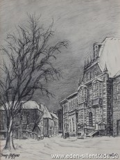 Jever, Stadt, Am Kirchplatz, Rathaus, 1955, 22x28 cm, Kohlezeichnung, Privatbesitz (WV-Nr. 1445)