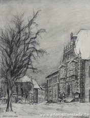Jever, Stadt, Am Kirchplatz, Rathaus, um 1955, 22x28 cm, Kohlezeichnung, Privatbesitz (WV-Nr. 555)