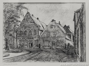 Jever, Stadt, Am Kirchplatz, Schwarzer Bär, 1950er, 37x27 cm, Kohlezeichnung, Privatbesitz (WV-Nr. 1329)