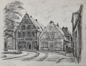 Jever, Stadt, Am Kirchplatz, Schwarzer Bär, 1954, 39,5x29,5 cm, Kohlezeichnung, Nachlass Arthur Eden (WV-Nr. 201)