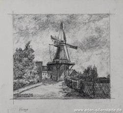 Jever, Stadt, Bahnhofsmühle, 1936, 27x23,5 cm, Kohlezeichnung, Nachlass Arthur Eden (WV-Nr. 213)