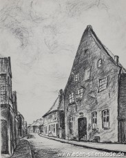 Jever, Stadt, Burgstraße, 1950er, Kohlezeichnung, Quelle Buch Jever im Bild, gestern und heute, Seite 17 (WV-Nr. 898)