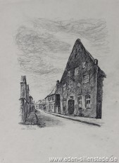 Jever, Stadt, Burgstraße, 1953, 29,5x39,5 cm, Kohlezeichnung, Nachlass Arthur Eden (WV-Nr. 208)